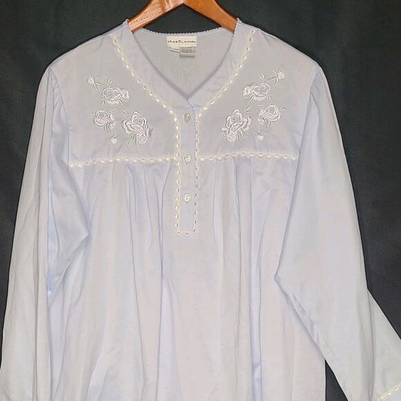 Miss Elaine Long Sleeve Nightgown Sleep Dress Embroidered Roses Blue XL - Picture 1 of 6